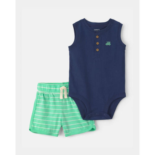 Baby Boy 2-Piece Car Striped Sleeveless Top & Short Set - Blue/Green | Carter's
