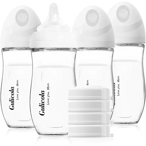 Gulicola Natural Glass Baby Bottle 8 oz for Breastfed Babies, Anti-Colic Baby Bottle Set with Medium Flow Nipple, 3 Months +, 4 Pack - White