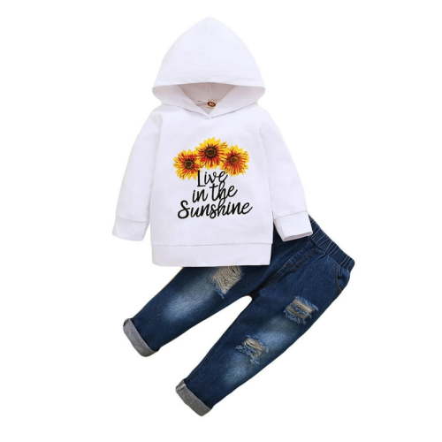 Baby Girl Clothes Baby Girl 2PCS Outfits Sunflower Print Long Sleeve Hooded Tops Ripped Jeans Pants Set 18-24 Months Baby Girl Hoodie Outfits White