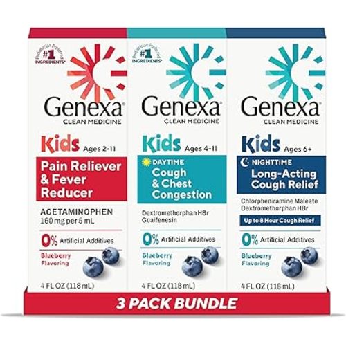 Genexa Kids' Clean Cough, Pain & Fever Acetaminophen Value 3-Pack, Dye Free, 0% Artificial Additives, Cough Care for Children, Fever & Pain Reliever, 12 fl oz (3 Bottles)