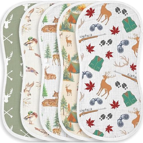 5 Pack Camo Baby Burp Cloths for Boys Girls, Soft Cotton, Mallard Duck&Hunting Theme Design, Super Absorbent Baby Burping Cloths for Newborns, Machine Washable and Reusable Baby Spit-Up Cloths