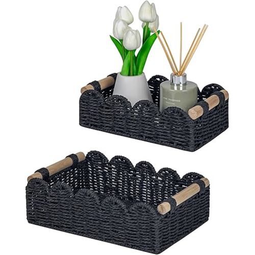 CubesLand Scalloped Edge Decor Baskets for Home, Living Room, Toilet Paper Storage Basket for Over Toilet Shelf, End Table,Shelves and More, Small Paper Rope Baskets Both Storage&Decor, Set 2 Black