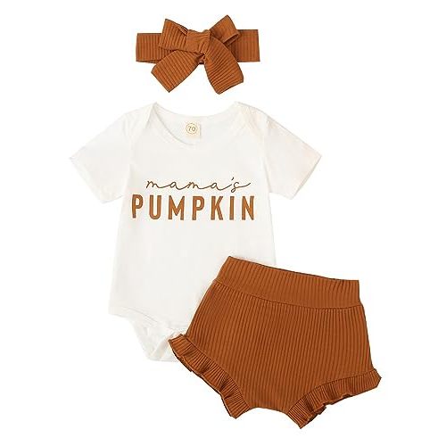 Tinypainter Halloween/Thanksgiving Baby Girl Outfit Pumpkin Romper+Ruffle Shorts Set+Headband Newborn Fall Clothes Clothing