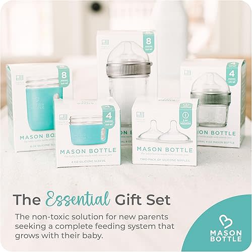 Mason Bottle Baby Glass Bottle Gift Set – Includes 8oz & 4oz Feeding Bottles, Slow & Medium Flow Nipples, Silicone Sleeves, Caps and Rings – BPA-Free, Non-Toxic, Anti-Colic