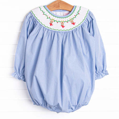 Reindeer Cheer Smocked Girl Bubble, Blue – Stitchy Fish