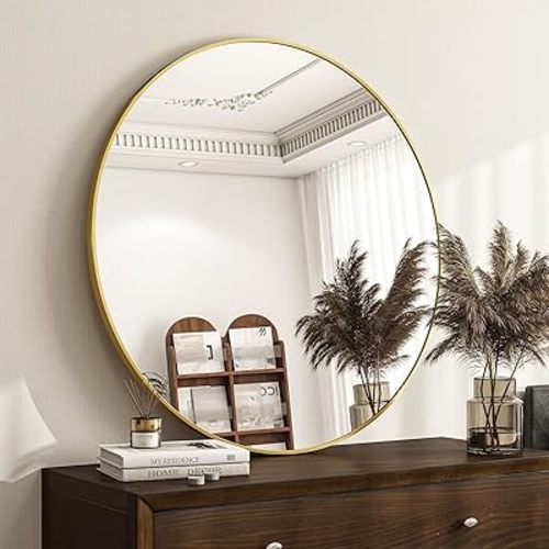 Round Mirror Wall Mounted Mirror - 28" Circle Mirror Bathroom Vanity Mirror with Aluminum Frame for Bedroom Living Room, Entryway Decor Gold Mirror