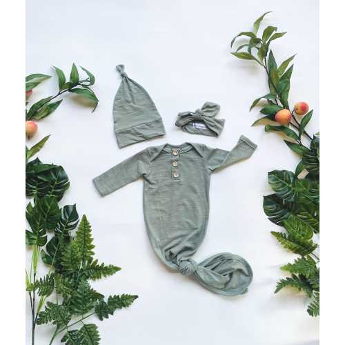 Heather Sage Green Newborn Baby Gown with Knotted Hat & Headband - Handmade in USA