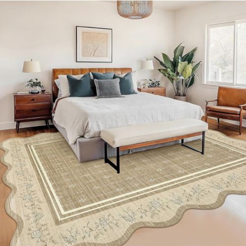 Garvee Washable Rugs for Living Room 8x10 Area Rugs for Bedroom Scalloped Rug Modern Bordered Non Slip Large Kids Bedroom Carpet Indoor Stain Resistant Floor Cover for Dining Room Office Nursery Camel