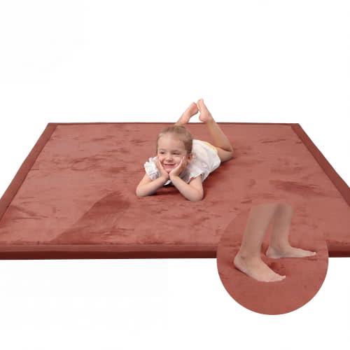Huloo Sleep Ultra Soft Baby Play Mat for Floor, 1.3" Thick Elasti-Foam 59x59 Play Mat for Playpen,Water-Repellent Coral Velvet for Tummy Time, Non-Slip Backing,Safe for Toddlers & Infants(Brick)