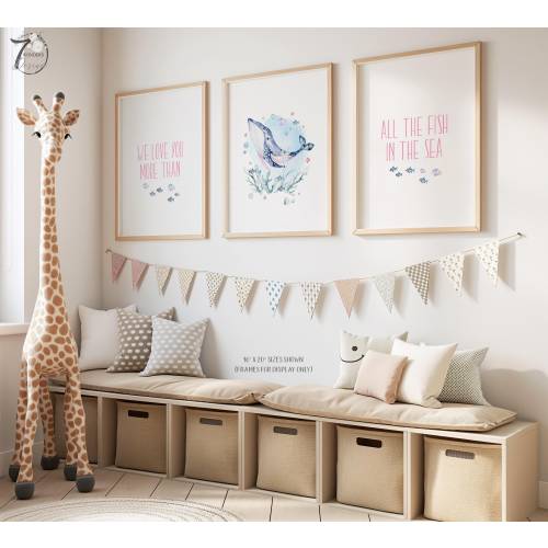 Girls Ocean Nautical Wall Art Prints Love You More Fish in the Sea Decor Blue Pink Nursery Room Posters Set of (3) UNFRAMED Prints or Canvas