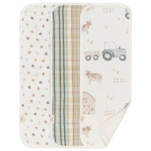 Crane Baby Burp Cloths Set, 3-pc. Charlie Farmhouse Tractor Collection, Soft 100% Cotton Muslin Burp Cloths for Baby Boys and Girls, Farm Nursery Décor