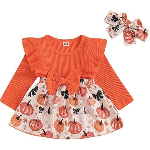MoZiKQin Baby Girl Thanksgiving Outfit Newborn Romper Dress Ribbed Ruffle Skirt Hem Jumpsuit Cute Fall Clothes+Headband