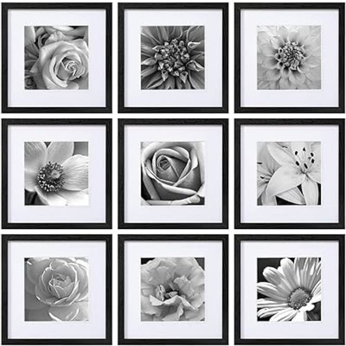 eletecpro 12x12 Picture Frames Set of 9 with Mat for 8x8 Photos or without Mat for 12x12, Square Gallery Wall Decor Collage for Picture Display, Black Frame Set for Wall Hanging
