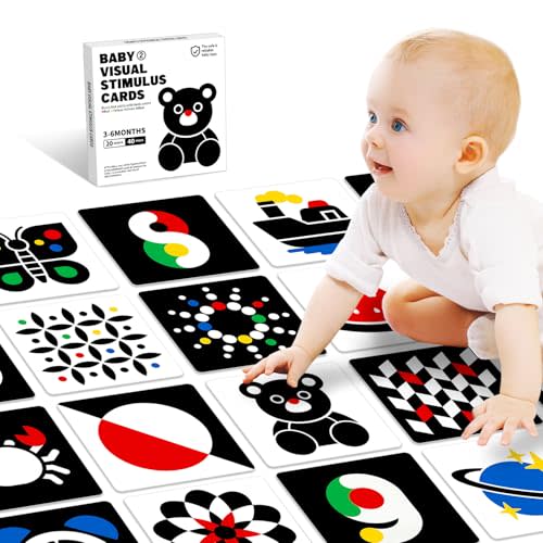 High Contrast Baby Flashcards, Black White Baby Cards with Red Yellow Blue Newborn Toys for Infants Visual Stimulation Brain Sensory Development 20 Pcs 40 Pages 5.7'' x 5.7''(3-6 Months)
