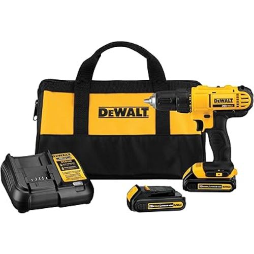 DEWALT 20V Max Cordless Drill Driver Set, 2 Speed, High Performance Motor, Includes 2 XR 1.3Ah Li-Ion Batteries, Charger and Contractor Bag (DCD771C2)