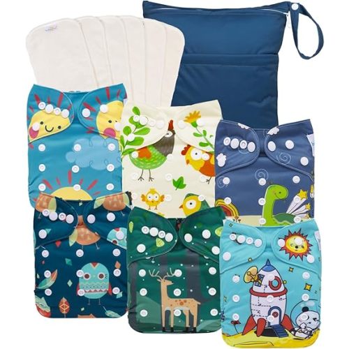 babygoal AWJ Cloth Diapers with Tummy Panel Pack of 13, 6 Diaper Cover with 6 Inserts and Wet Dry Bag, Adjustable Washable Reusable for Baby Girls and Boys
