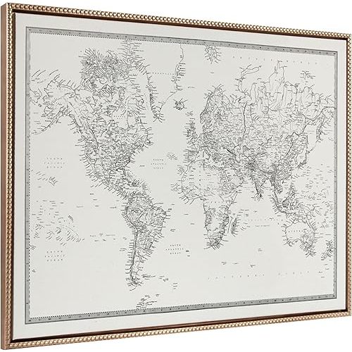 Kate and Laurel Sylvie Beaded Vintage Black and White World Map Vintage Framed Canvas Wall Art by The Creative Bunch Studio, 28x38 Gold, Modern Geographical Map Décor