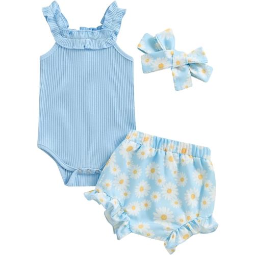 fhutpw Baby Girl Clothes Summer Cute Outfits 3 6 12 18 Months Spaghetti Strap Romper & Floarl Shorts Sets