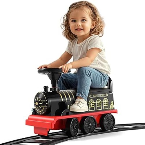 JOYLDIAS 3-in-1 Ride On Train with 16pcs Curved Tracks, 6V Electric Ride On Toy Train for Kids with Lights, Horns, Storage, Retractable Foot Pedals for Toddlers Under 39 inch, Black