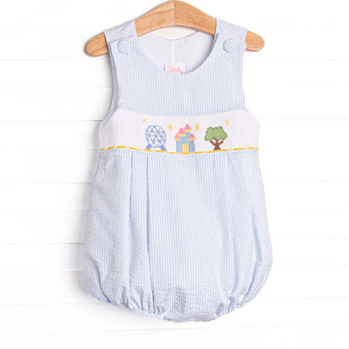 Amusement Park Adventures Smocked Bubble, Blue Seersucker – Stitchy Fish