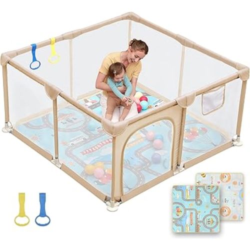 Dripex Baby Playpen with Mat – 47"x47" Small Play Yard for Babies 6-12 Months, Breathable Mesh & Waterproof Non-Slip Pad, Indoor/Outdoor Baby Fence, Khaki
