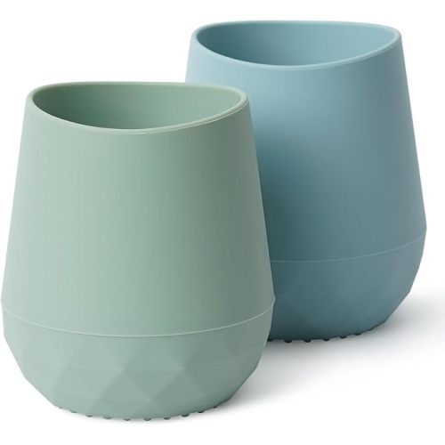 Silicone Baby Cups for 6-12 Months, 12-24 Months, Pack of 2 Tiny Open Training Silicone Cup for Toddler, Baby Mouth-Like Design, with Capacity Markings, Green Blue