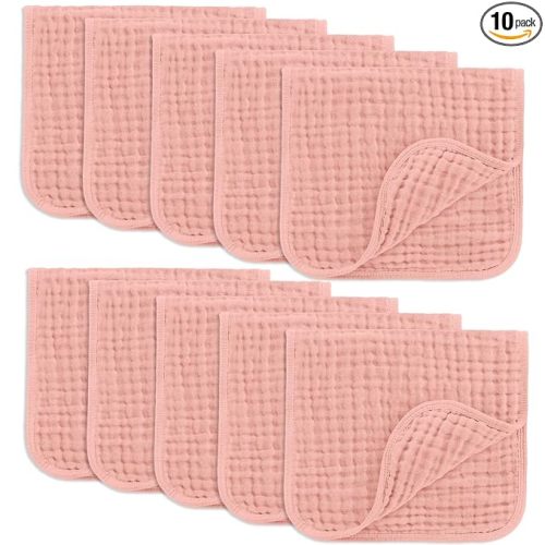Comfy Cubs Muslin Burp Cloths 20" x 10", Pack of 10 - Large, 6-Layer, Ultra Absorbent 100% Cotton for Baby Drool and Messes - Soft, Safe & Gentle Baby Burp Cloths for Boys & Girls - Bold Blush