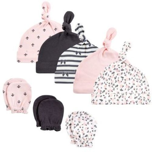Hudson Baby Infant Girl Cotton Cap and Scratch Mitten Set, Berry Floral, 0-6 Months