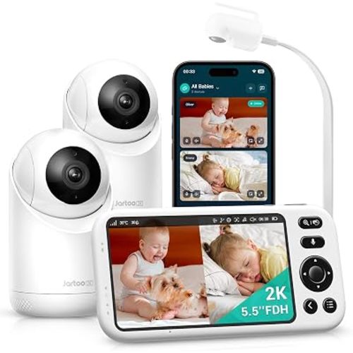 Jartoo Smart Baby Monitor with 2K 2 Cameras & Mount, 5.5" Screen, Hybrid Wi-Fi and No Wi-Fi Connection, Long Range, AI-Powered Detection, Free App & 24/7 Recording, ANR