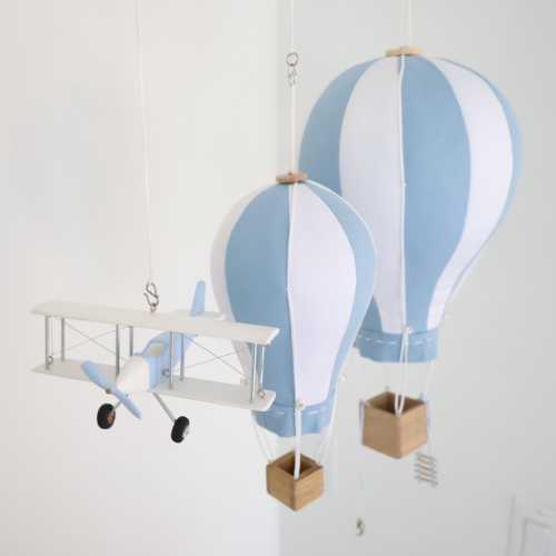Hot Air Balloon & Airplane Decor, Baby Blue Nursery Hanging Set, Travel Theme