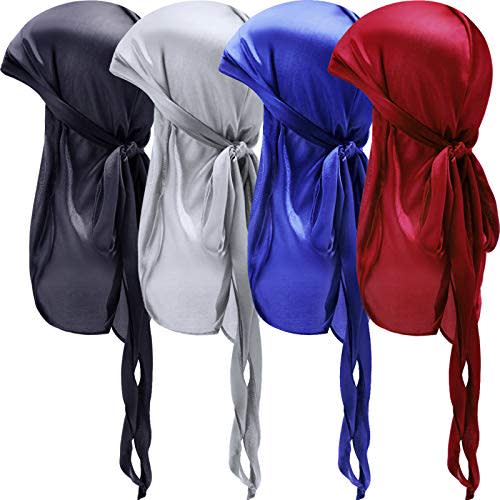 4 Pieces Baby Silky Durags with Long Tail and Wide Straps Kids Satin Durag Caps Child Headwraps for 360 Waves
