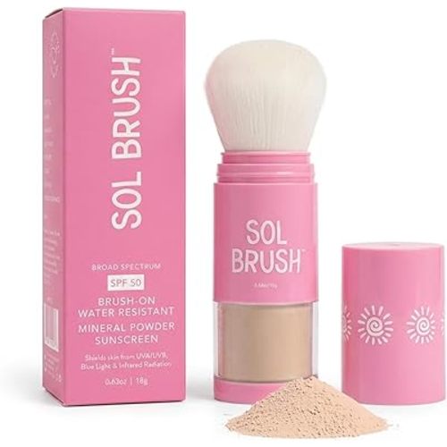 SPF 50 Mineral Sunscreen Powder, Broad Spectrum UVA/UVB Protection Sunscreen, Mess Free Brush On Applicator, Clean & Cruelty Free, Water Resistant (80 Minutes), Pink, Fair