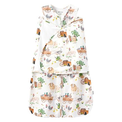 PATPAT Cotton Newborn Swaddle, Transition Sleep Sack, Farm Animal, 3-6M | Quiet Hook-And-Loop, 4-In-1 Adjustable Design, Removable Wings, 2-Way Zipper, Easy Diaper Changes, Gentle On Skin, 0.5 Tog