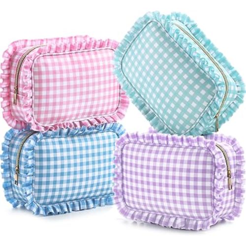 Kigeli 4pcs Ruffle Makeup Bag, Large Gingham Nylon Cosmetic Bag, 4 Colors