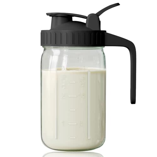 Breast Milk Pitcher, Mason Jar 32 oz, Wide Mouth Jar with Green Flip Cap Lid and Pour Spout, Heavy Duty Airtight Seal for Freshness and Convenience, Great for Cold Beverages and Home Entertaining