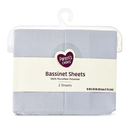 Parent's Choice Gray Bassinet Sheets, 2 Pack, 100% Cotton, Fitted with Elastic Edges
