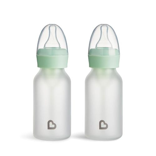 Munchkin Bond Silicone Coated Glass Baby Bottles - Anti-Colic Feeding System with Natural Feel Nipples, 4 Ounce, 2 Pack, Mint/Green
