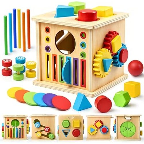 TOMMYHOME Wooden Montessori Multifunctional Sensory Box 8-in-1,Help Children Improve Their Arithmetic Skills and Color Recognition abilities.Coin Box