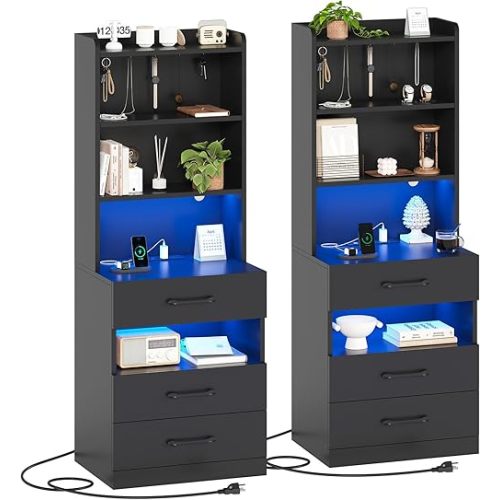 AOGLLATI Tall Night Stand Set of 2 with Charging Station and LED Lights, Black Nightstand with 3 Drawers and Adjustable Shelves, Modern Bedside Table with Bookshelf for Bedroom