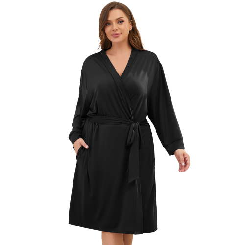AMITOFO Plus Size Robes for Women – Lightweight 3/4 Sleeve Bathrobe with Adjustable Waist Belt & Pockets – V-Neck Maternity Robe, Soft Breathable Fabric, Ideal for All Seasons, XL-5XL, Black
