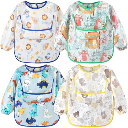 Accmor 4 Pack Long Sleeve Baby Bibs, Waterproof Sleeved Bibs for Eating Feeding, Toddler Baby Girls Boys Smock Bibs
