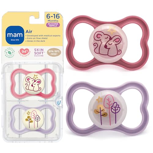 MAM Air Pacifier 6-16 Months, Extra Air Flow for Sensitive Skin, 2 Pack | Glows In The Dark, Developed With Medical Experts, BPA-Free Skin Soft Silicone,With Sterilizer Case, Made In Europe