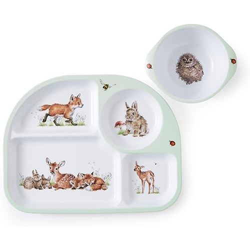 Royal Worcester Wrendale Designs Little Wren Tray & Bowl Set - Kids Tableware with 4-Section Lunch Tray & Handled Bowl, Featuring Baby Animal Artwork on Durable Melamine - Dishwasher Safe