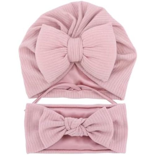 Jomila Bundle of Bonnet and Headband for Baby Newborn Silk Satin Lined Beanie Toddler Infant Girls Adjustable Hat 0-6 Months