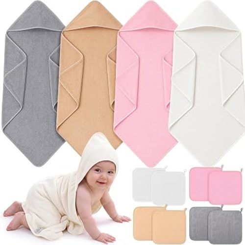12 Pcs Baby Bath Towel Set Include 4 Hooded Baby Towels and 8 Soft Newborn Towels Absorbent Coral Fleece Toddler Bath Towel for Newborn Infant Essential(Pink, Light Pink, White, Brown)