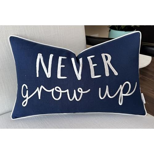 Rudransha 12x20 Never Grow Up Lumbar Pillow Cover - Embroidered Quote Design - Whimsical Cushion for Bedroom, Sofa, Playroom, Reading Nook - Dreamy Décor Accent - Navy Blue