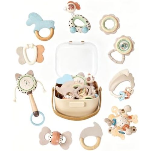 Aullsaty Baby Teething Toys 3-6 Months, 10-Piece Rattles & Teethers Set, Infant Sensory Toys, BPA-Free Baby Teethers with Easy-Grip Shapes, Gentle Sounds & Storage Box, Gender-Neutral Newborn Gift