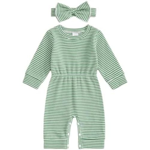 Winioder Newborn Baby Girl Fall Clothes Ribbed Long Sleeve Romper Jumpsuit with Headband Infant 2Pcs Coming Home Outfit