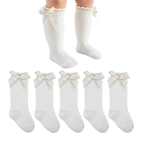 Baby Girl Knee High Socks: Soft Cotton Infant Baby Long Socks Newborn Stockings with Bow & Ruffle Non-Slip for Kids
