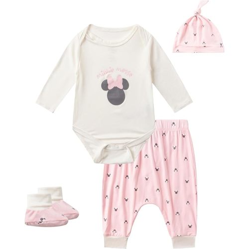 Disney Minnie Mouse Baby Girls 4 Pack Bodysuit with Booties, Hat and Pants Set for Infant